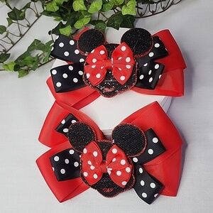 Pair of Red and Black Ribbon Mickey Mouse Polka Dot Hair Bow Clips